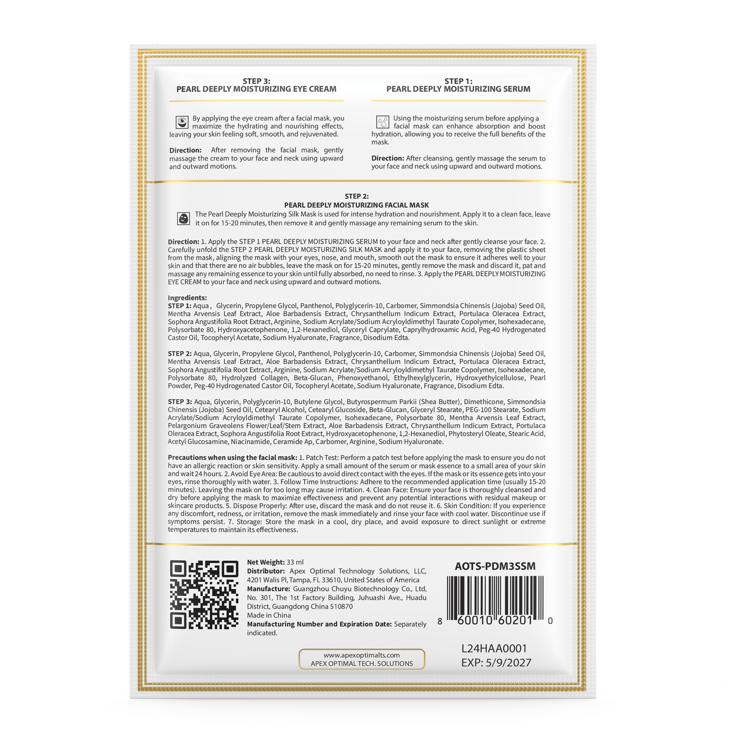 3-Step Pearl Silk Hydrating Facial Mask - Includes Serum & Eye Cream