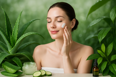 a model with white skin enjoy hydrating with green plant