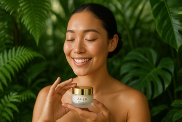 a beautiful model is holding APEX OPTIMAL TS Eye Cream, enjoying with a lot green plant